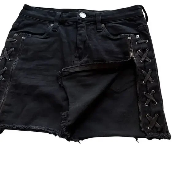 BlankNYC Black Lace-Up Denim Mini Skirt Moto Edgy Zipper Raw Hem Y2K Grunge 24 - Picture 5 of 8